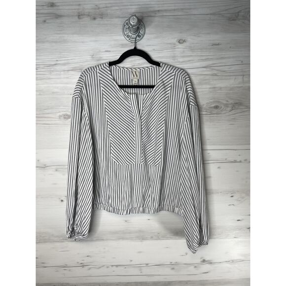 Worthington Shirt Womens 2XL White Gray Striped Long Sleeve Split Neck Boho - Picture 1 of 8